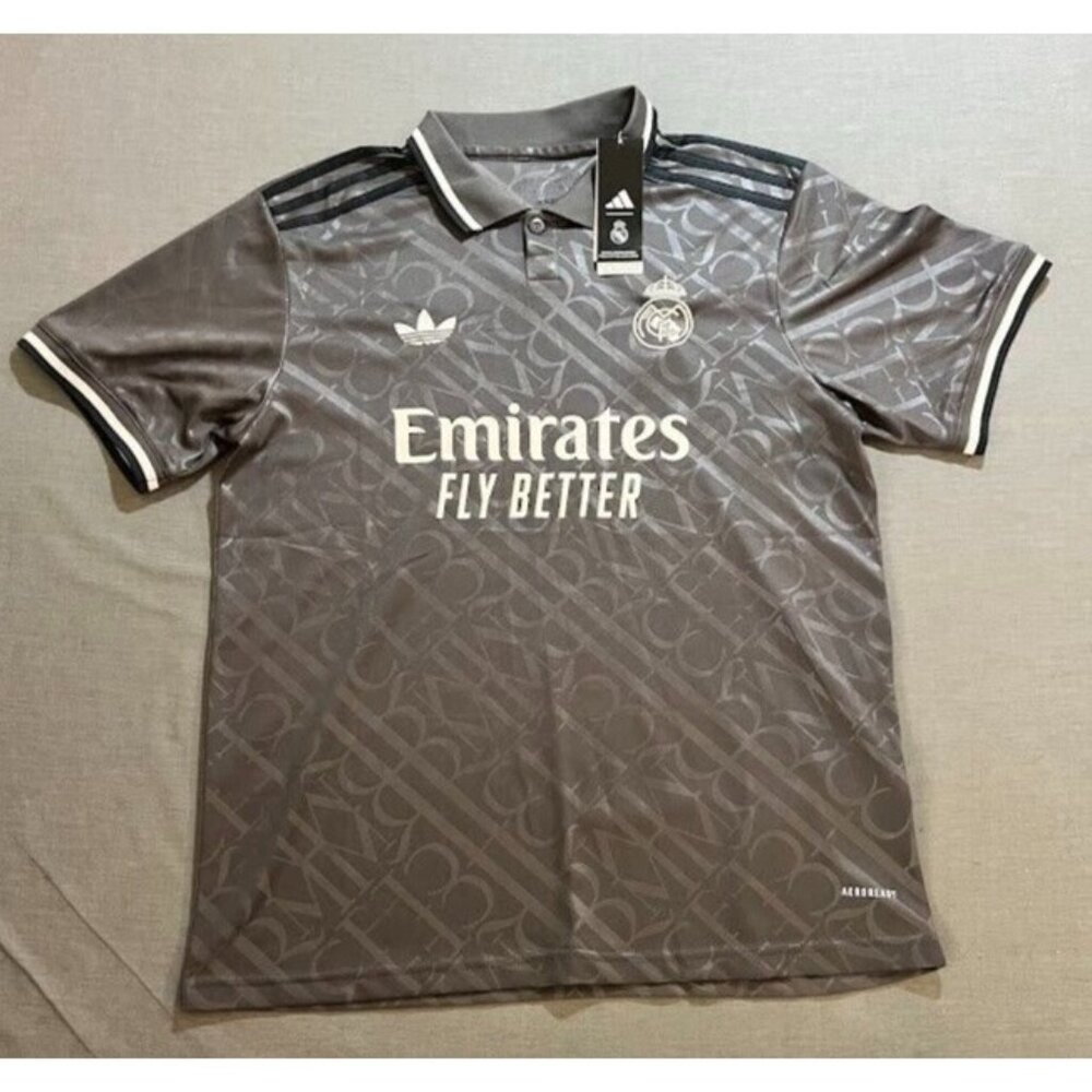 Real Madrid Adidas Aeroready Jersey Mens Large Gray Button Short Sleeve‎ NEW.